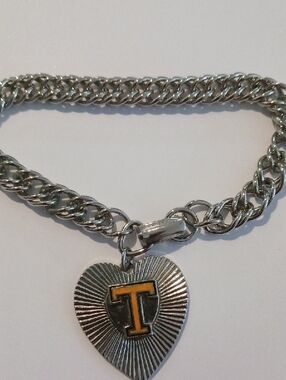 Silver Chain Heart Bracelet with Yellow 'T' Accent